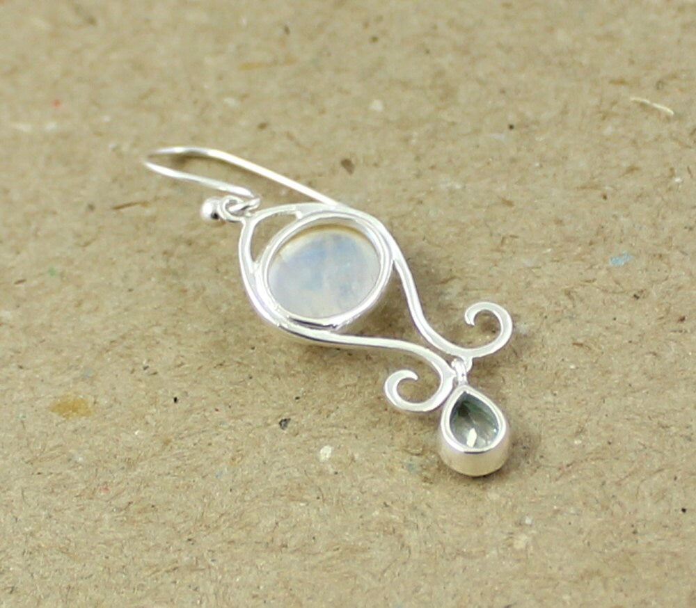 Cute Sterling Silver Dangler,Rainbow Fire Moonstone & Blue Topaz Everyday Wear Earring,Daughter's Birthday Gift,Anniversary Gift