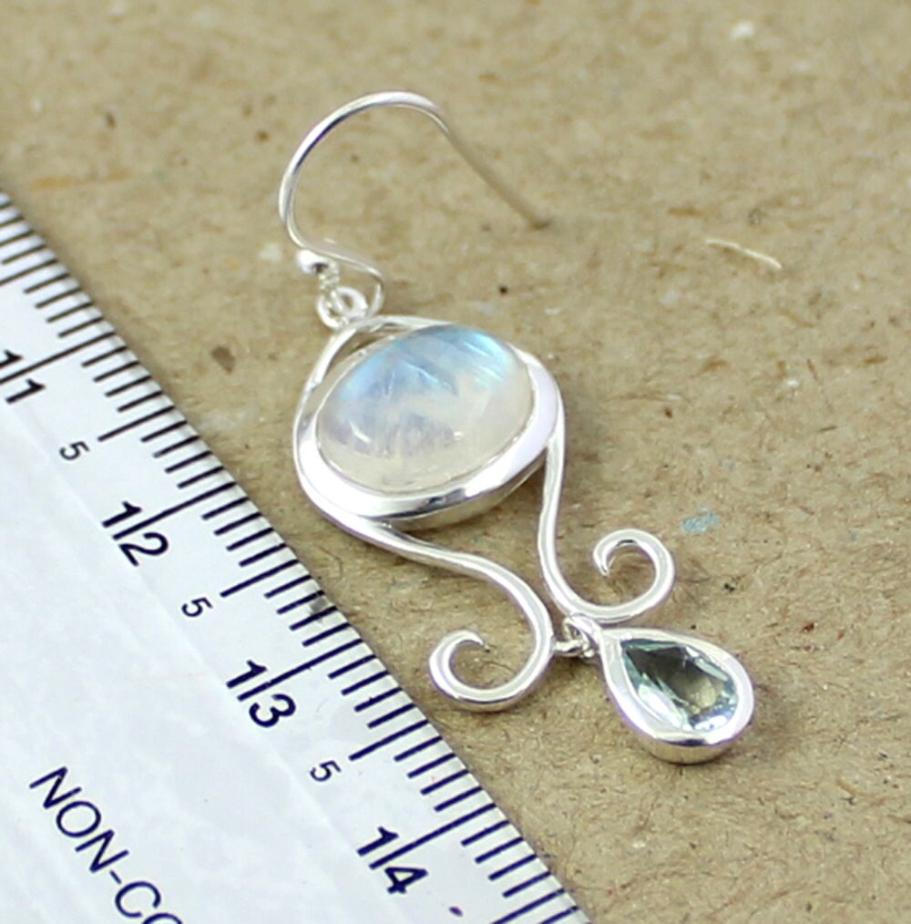 Cute Sterling Silver Dangler,Rainbow Fire Moonstone & Blue Topaz Everyday Wear Earring,Daughter's Birthday Gift,Anniversary Gift
