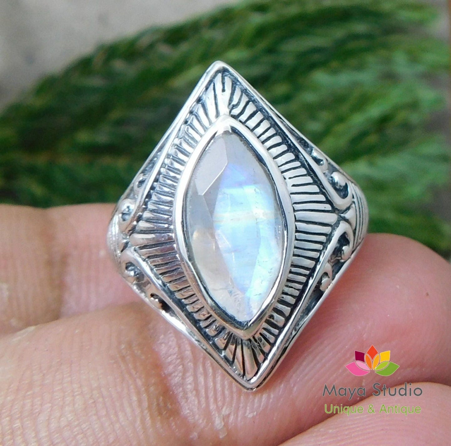 925 Sterling silver Natural genuine gemstone Moonstone Ring Anniversary birthday engagement designer silver carving gift jewellery