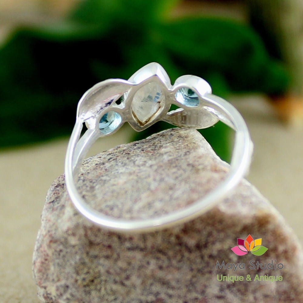 Charming Dainty Moonstone blue topaz ring,gift for daughter's birthday,Solid sterling 925 silver jewelry,Anniversary Ring,Midi Ring for Sis