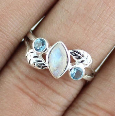 Charming Dainty Moonstone blue topaz ring,gift for daughter's birthday,Solid sterling 925 silver jewelry,Anniversary Ring,Midi Ring for Sis