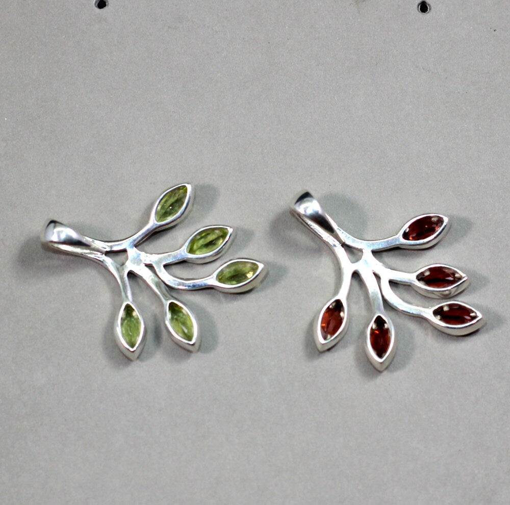 Nature inspired Leaf Pendant,Sterling 925 Silver Gemstone Pendant,Natural,Genuine Blue Topaz/Garnet/ Peridot,Amethyst,Anniversary Gift,