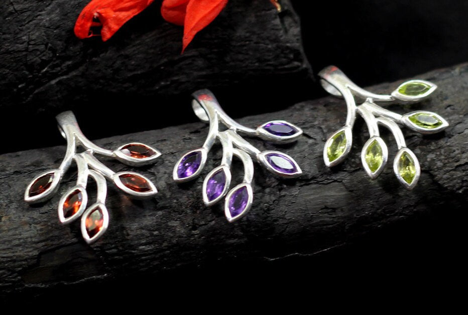 Nature inspired Leaf Pendant,Sterling 925 Silver Gemstone Pendant,Natural,Genuine Blue Topaz/Garnet/ Peridot,Amethyst,Anniversary Gift,