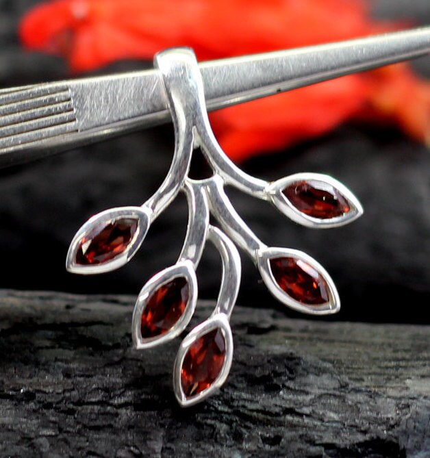 Nature inspired Leaf Pendant,Sterling 925 Silver Gemstone Pendant,Natural,Genuine Blue Topaz/Garnet/ Peridot,Amethyst,Anniversary Gift,