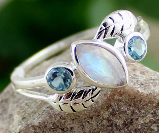 Charming Dainty Moonstone blue topaz ring,gift for daughter's birthday,Solid sterling 925 silver jewelry,Anniversary Ring,Midi Ring for Sis