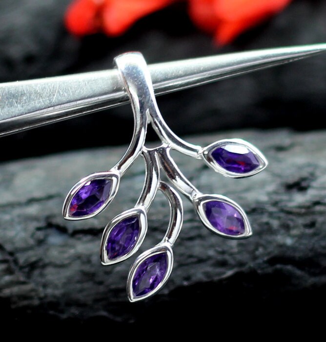Nature inspired Leaf Pendant,Sterling 925 Silver Gemstone Pendant,Natural,Genuine Blue Topaz/Garnet/ Peridot,Amethyst,Anniversary Gift,
