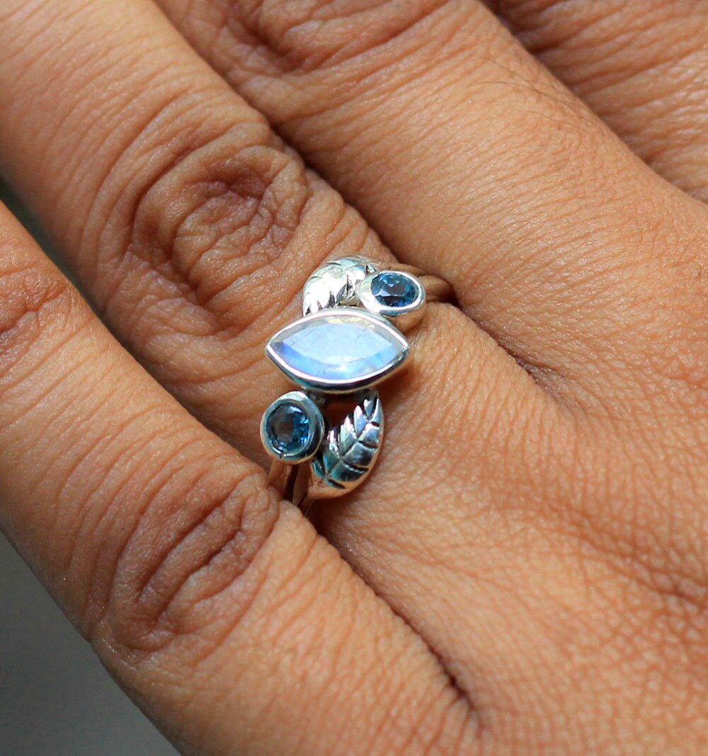 Charming Dainty Moonstone blue topaz ring,gift for daughter's birthday,Solid sterling 925 silver jewelry,Anniversary Ring,Midi Ring for Sis