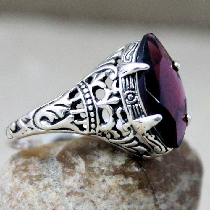 Red Garnet Ring,Filigree,oxidized Silver Ring,Solid 925 Sterling Silver Jewelry,Solitaire Engagement Ring,Anniversary Gift