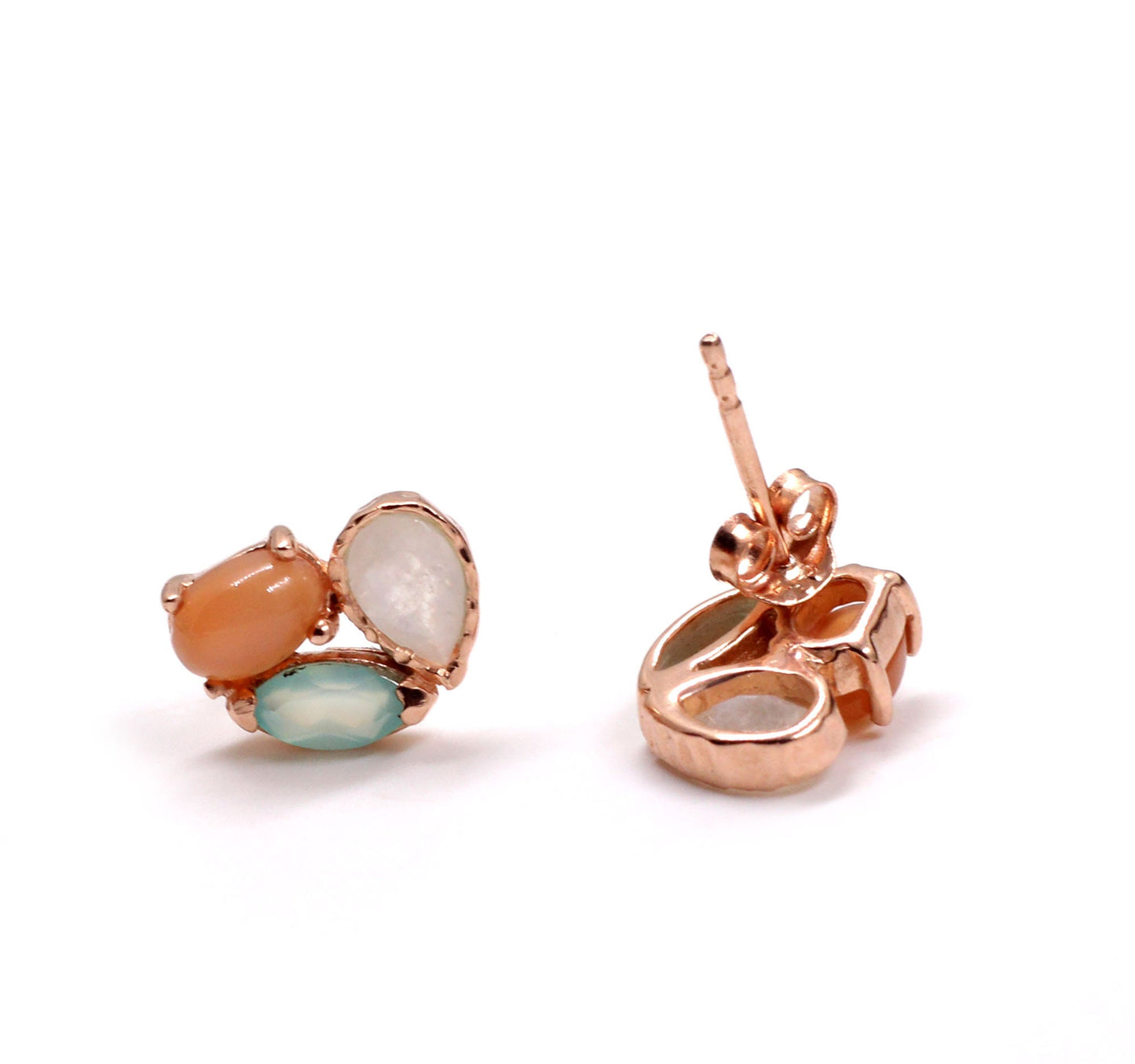 Funky Studs,Peach Moonstone & other Gemstone Earring,3 Gemstone Earring,Light Weight.,925 Sterling Silver,Gemstone Jewelry,Valentine Gift,