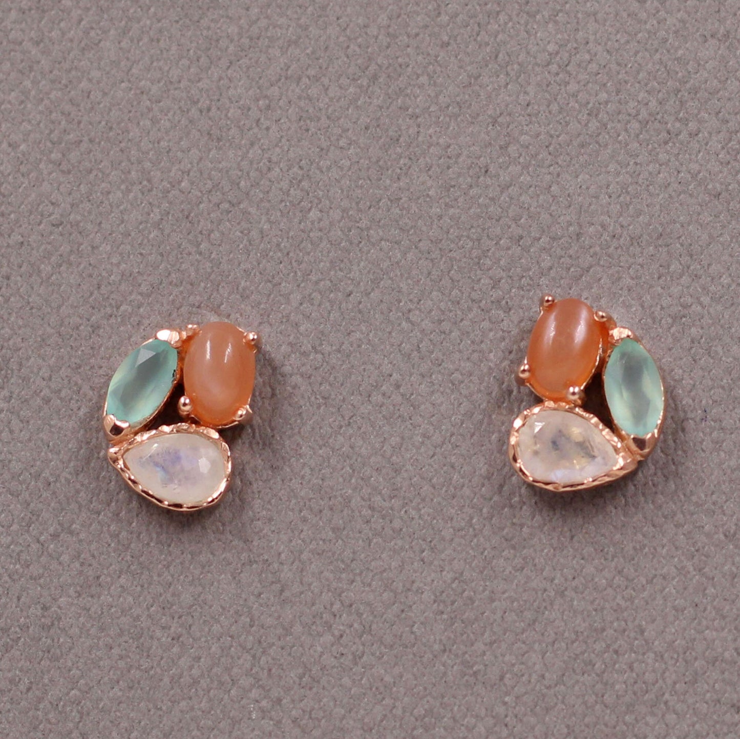 Funky Studs,Peach Moonstone & other Gemstone Earring,3 Gemstone Earring,Light Weight.,925 Sterling Silver,Gemstone Jewelry,Valentine Gift,