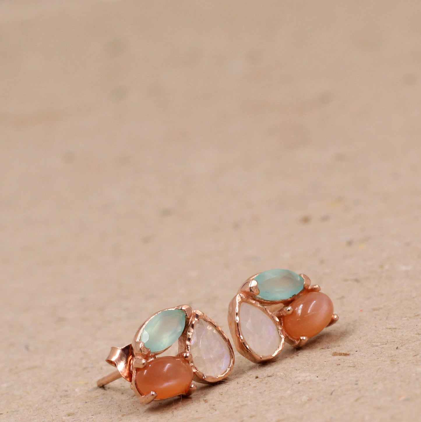 Funky Studs,Peach Moonstone & other Gemstone Earring,3 Gemstone Earring,Light Weight.,925 Sterling Silver,Gemstone Jewelry,Valentine Gift,
