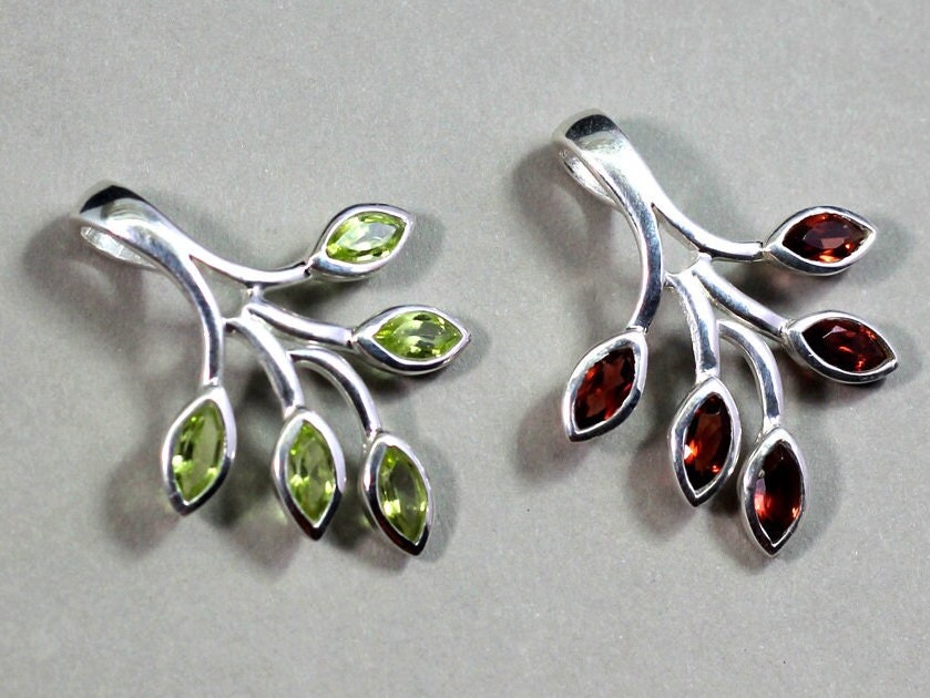 Nature inspired Leaf Pendant,Sterling 925 Silver Gemstone Pendant,Natural,Genuine Blue Topaz/Garnet/ Peridot,Amethyst,Anniversary Gift,