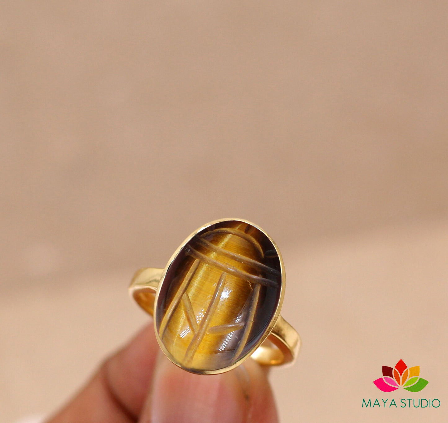 Sterling silver Tiger Eye Scarab Ring,Gold Plated 925 jewelry,Unisex Ring,Christmas Gift for Aunt/Grandmother,Birthday Gift Present