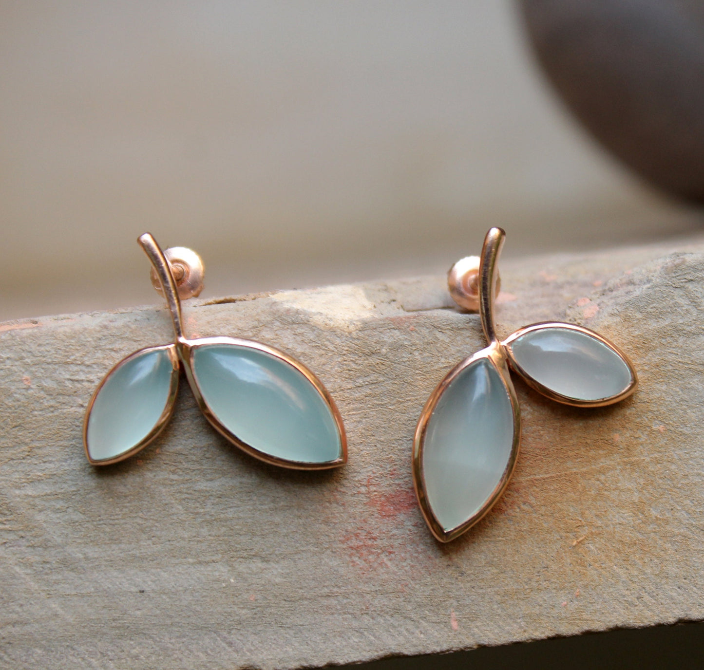 Solid 925 Sterling Silver Jewelry,Genuine Aqua Chalcedony Stud Earring,Leaf Stud Earring,Lovely Chalcedony Stud Earring,Small Stud Earring