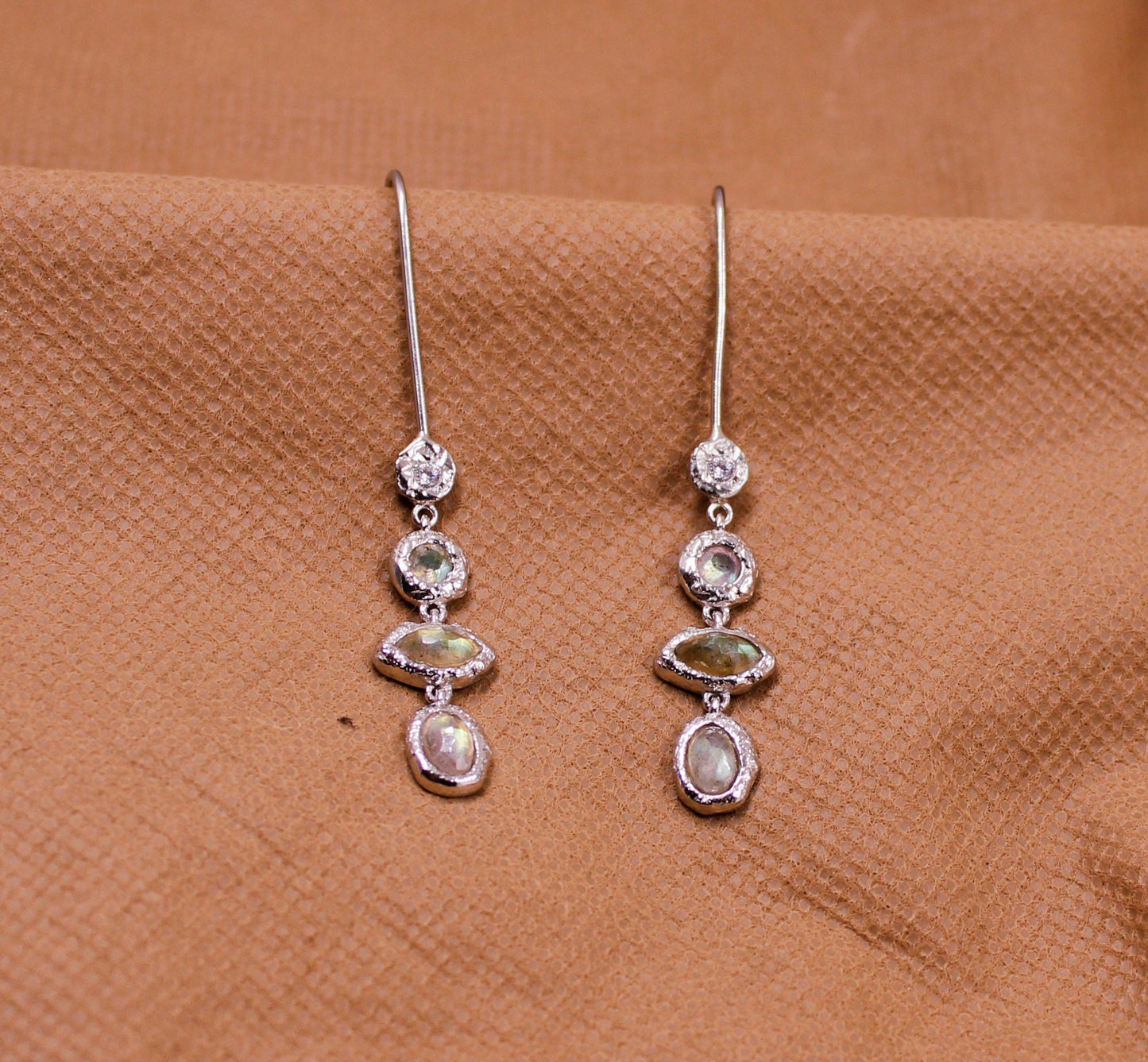 Unique Silver Earring,Four Labradorite Designer Earring,925 Sterling Silver Jewelry,Light Weight Dangle Earring,Anniversary Gift Earring