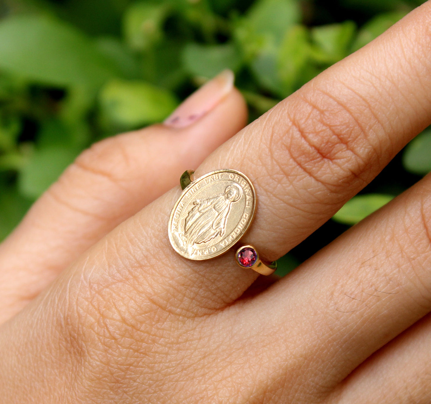 Vintage religious Ring,Solid 925 Sterling Silver Gold Plate Faith Jewelry,Grace Of Mother Mary,With Birthstone For birthday,Anniversary Gift
