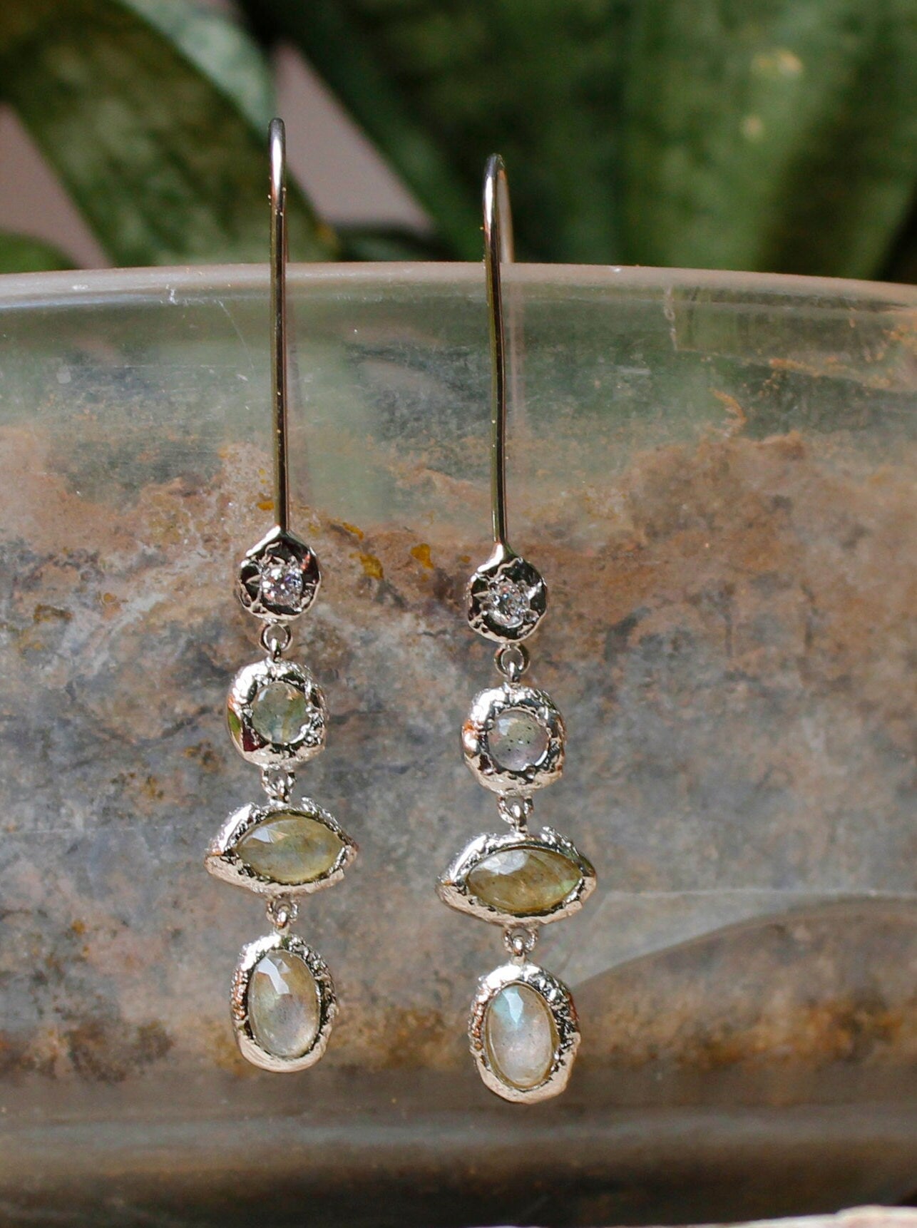 Unique Silver Earring,Four Labradorite Designer Earring,925 Sterling Silver Jewelry,Light Weight Dangle Earring,Anniversary Gift Earring