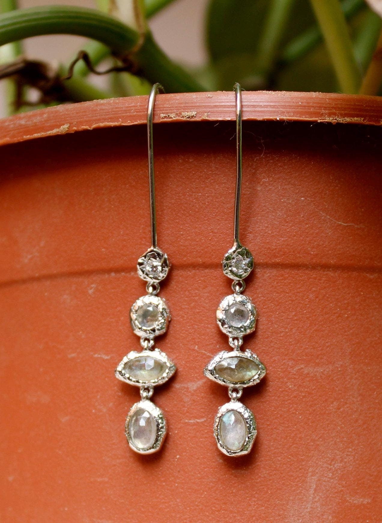 Unique Silver Earring,Four Labradorite Designer Earring,925 Sterling Silver Jewelry,Light Weight Dangle Earring,Anniversary Gift Earring