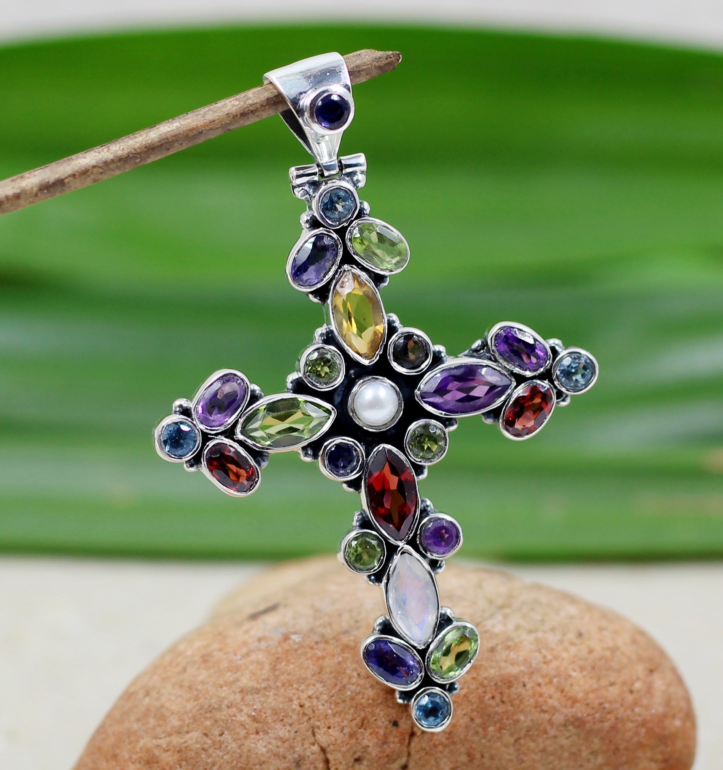 Natural Gemstones Pendant,Bold,Beautiful Cross,multi color Pendant,925 Sterling Silver Jewelry,Gift for Family & Friends
