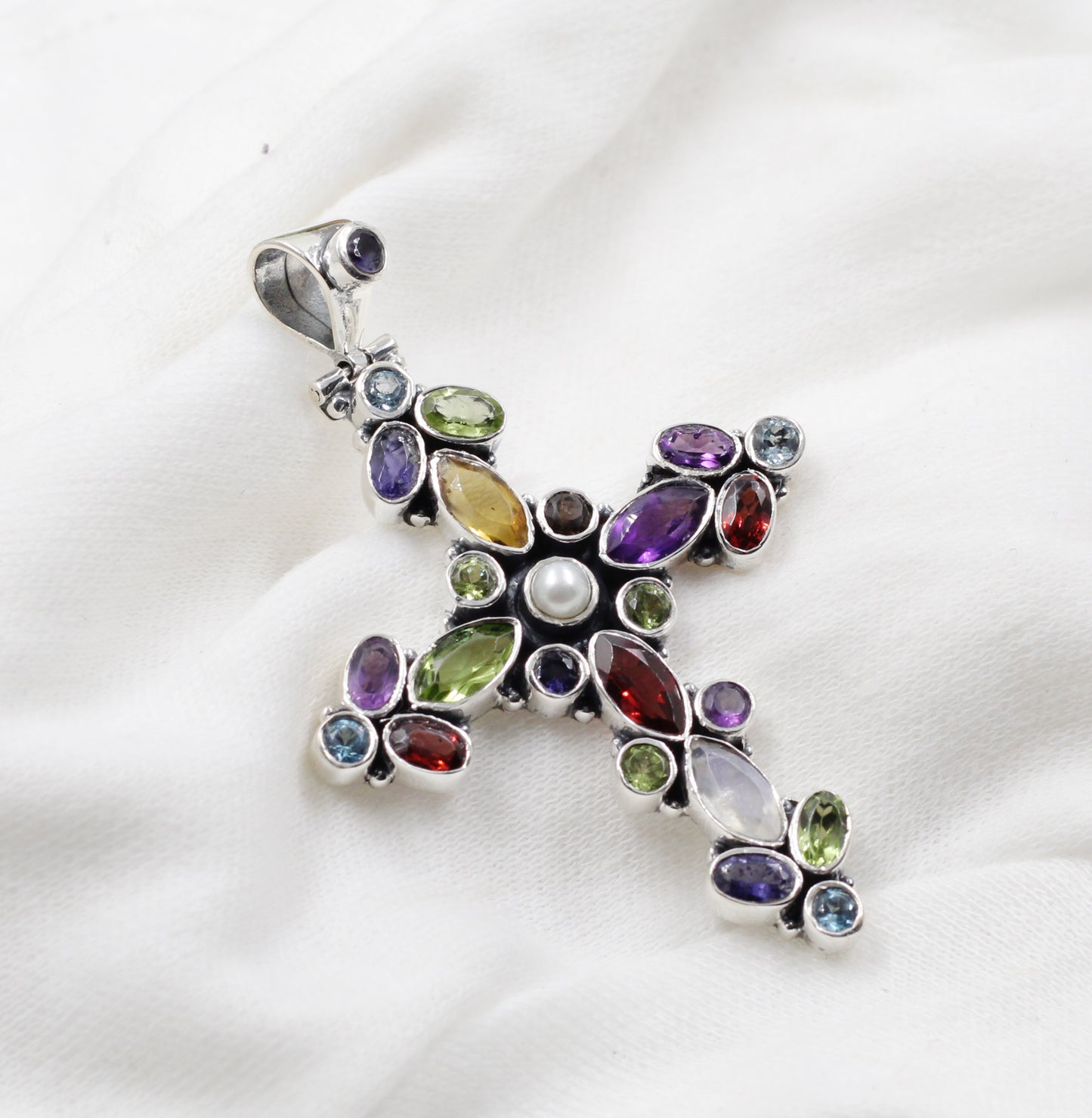 Natural Gemstones Pendant,Bold,Beautiful Cross,multi color Pendant,925 Sterling Silver Jewelry,Gift for Family & Friends