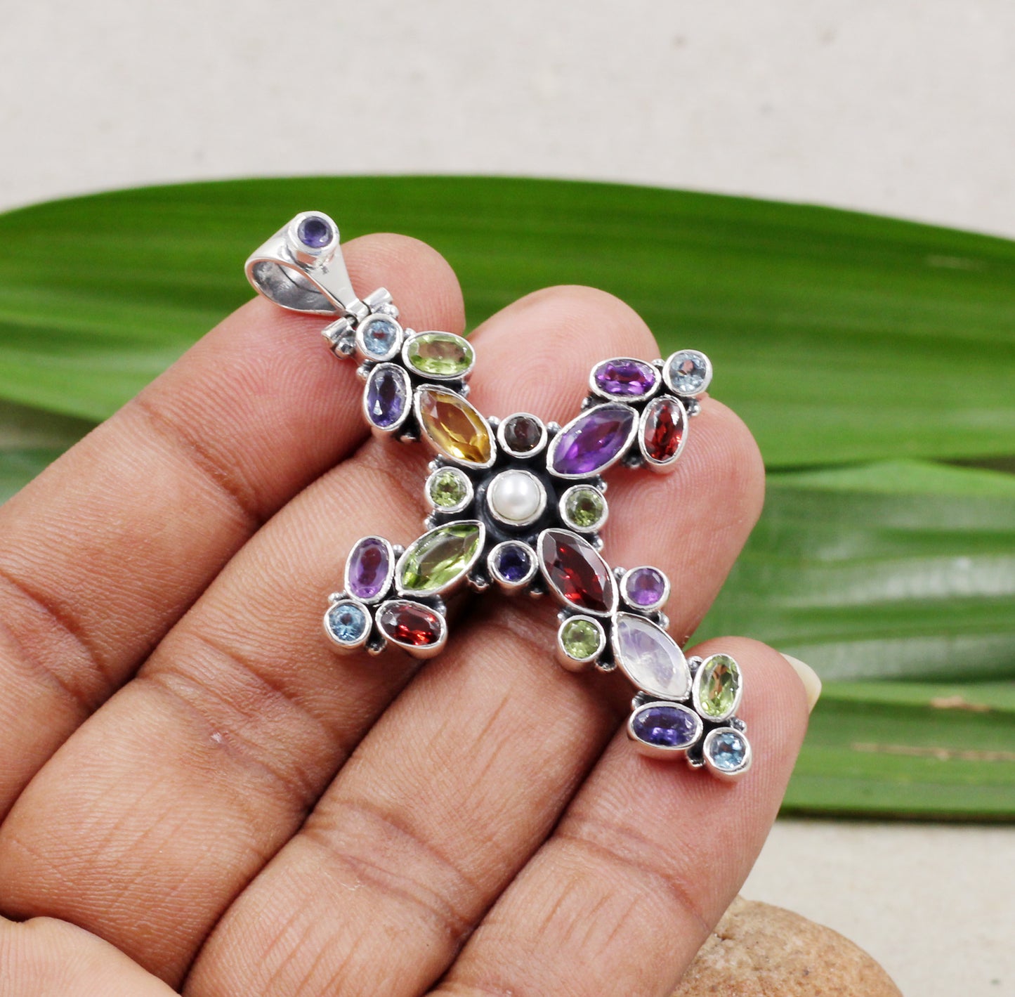 Natural Gemstones Pendant,Bold,Beautiful Cross,multi color Pendant,925 Sterling Silver Jewelry,Gift for Family & Friends