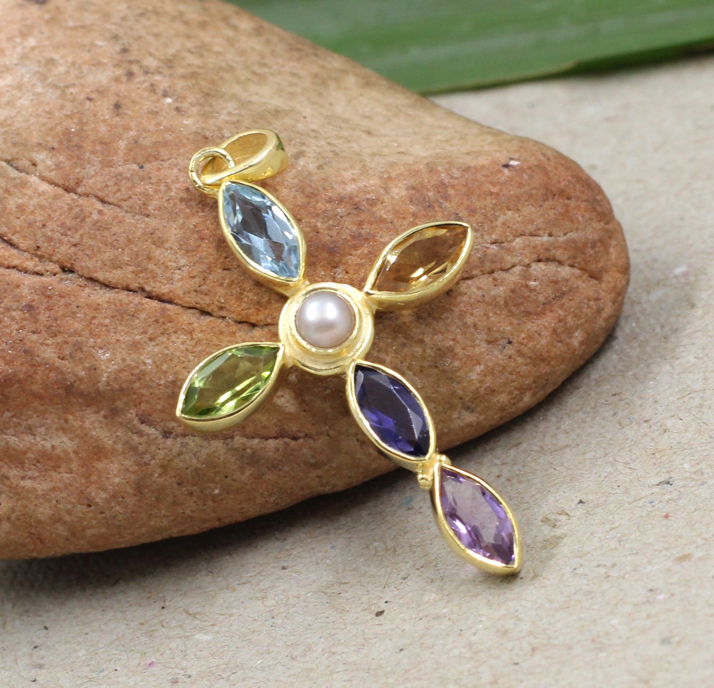 925 Sterling Silver Gold Plated Jewelry,Genuine Gemstones Pendant,Beautiful Holy Cross Pendant,Handmade Jewelry,Christmas Gift,Birthday Gift For Mom