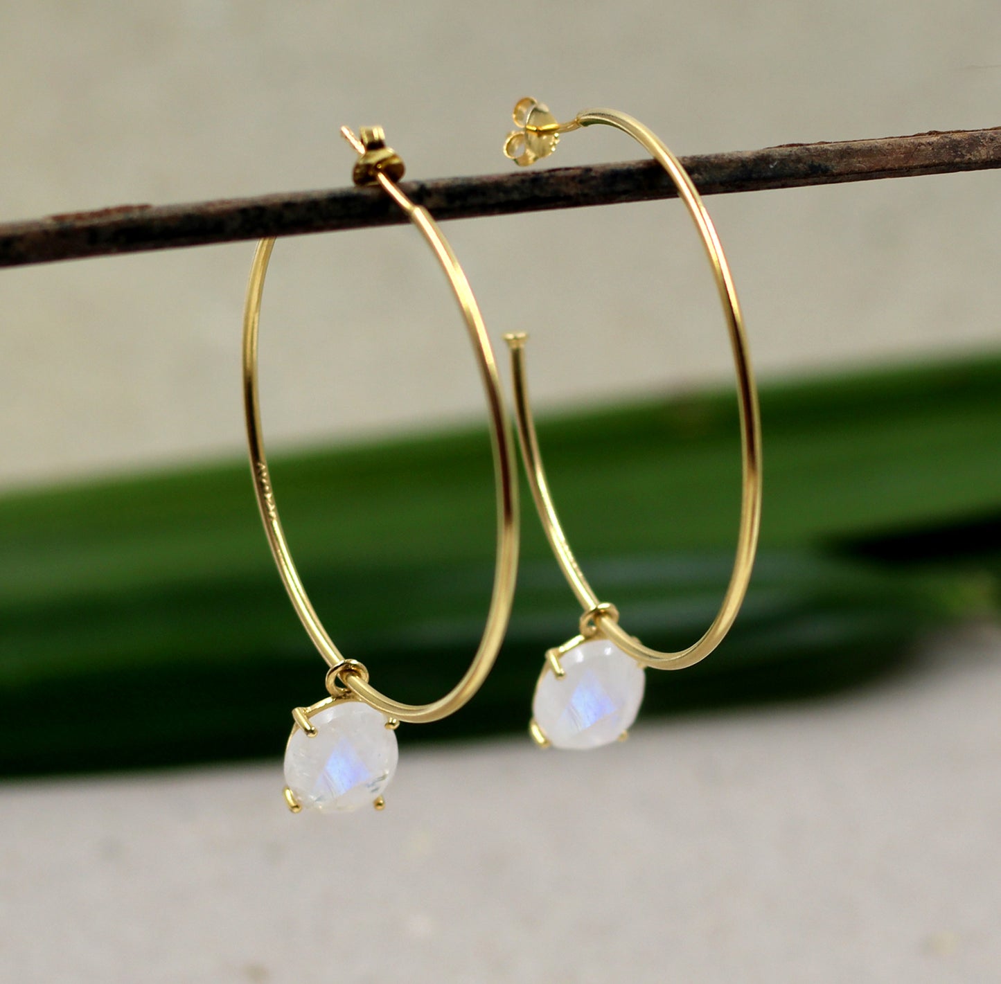 Dangling Oval Moonstone in Gold Plated 925 Silver Hoops,handmade Sliver Jewelry,Bridal Shower gift,Anniversary Gift Earrings,Birthday Gift