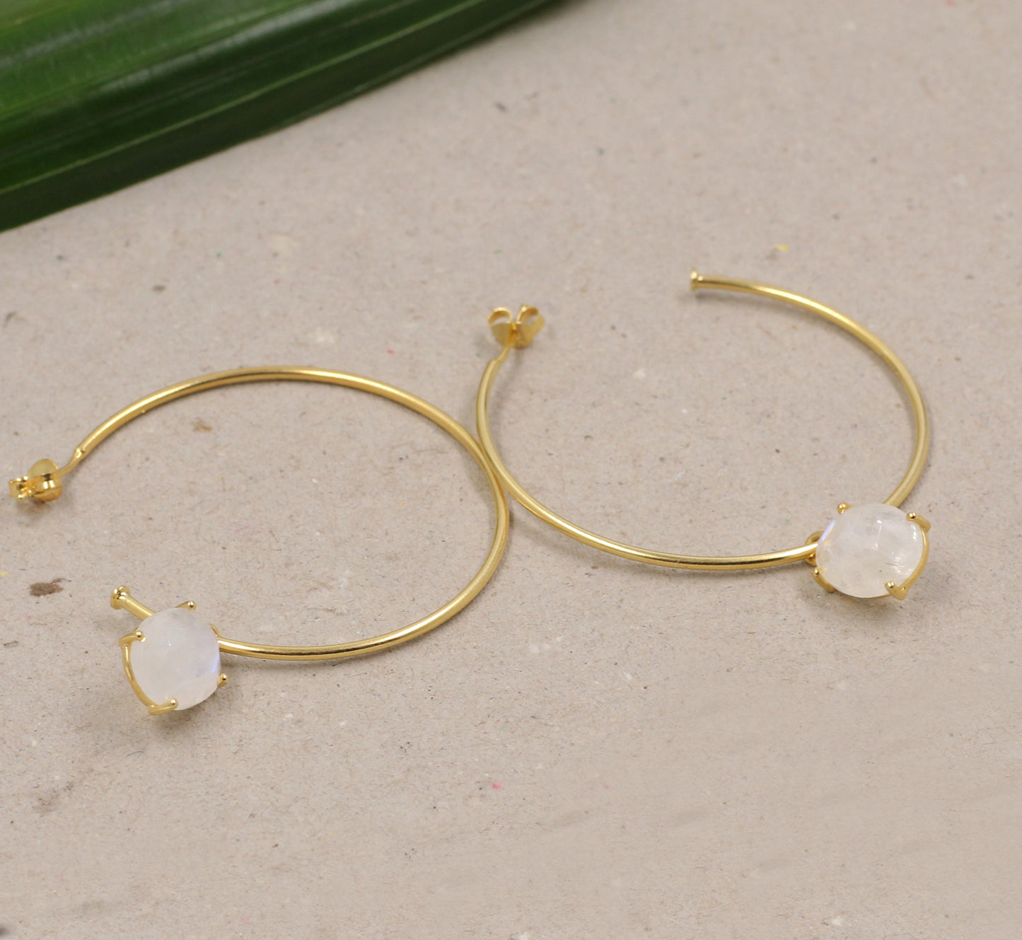 Dangling Oval Moonstone in Gold Plated 925 Silver Hoops,handmade Sliver Jewelry,Bridal Shower gift,Anniversary Gift Earrings,Birthday Gift