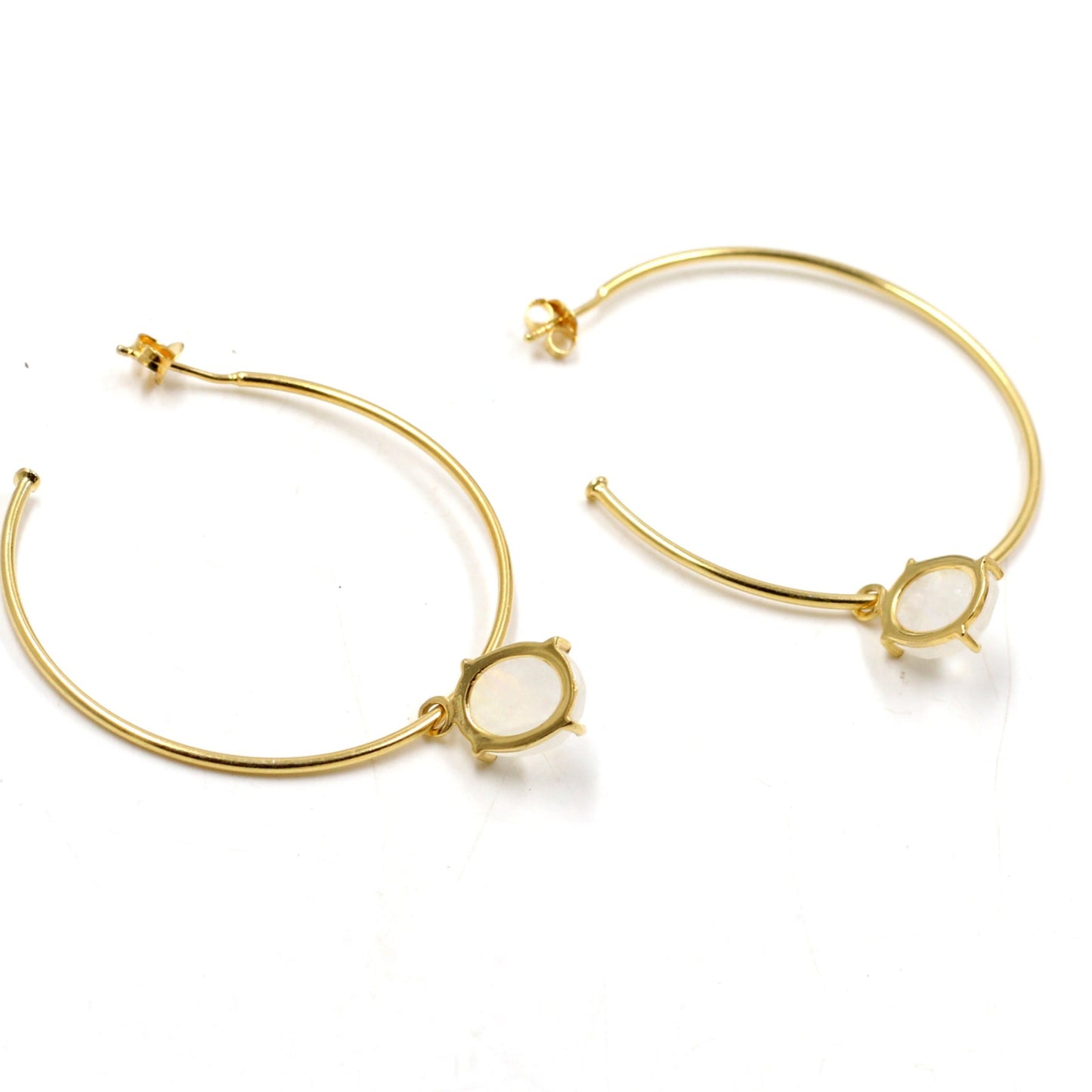Dangling Oval Moonstone in Gold Plated 925 Silver Hoops,handmade Sliver Jewelry,Bridal Shower gift,Anniversary Gift Earrings,Birthday Gift