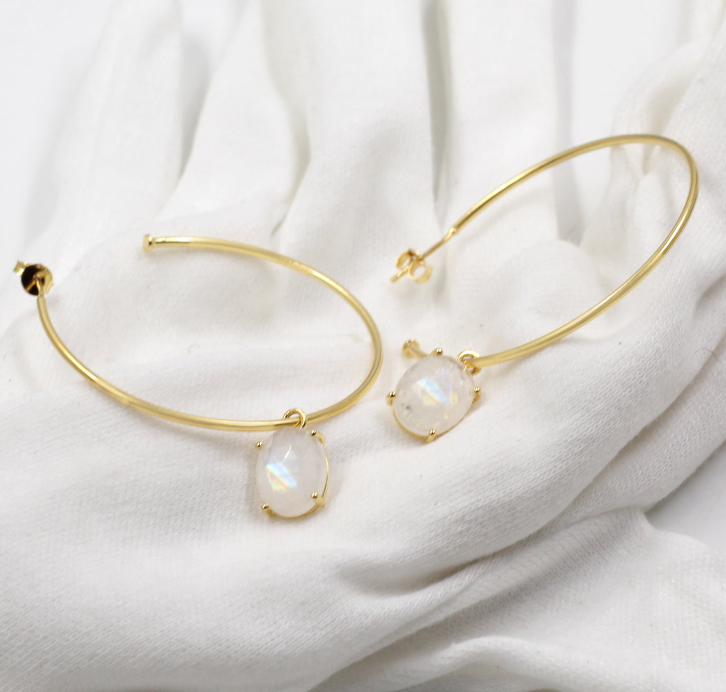 Dangling Oval Moonstone in Gold Plated 925 Silver Hoops,handmade Sliver Jewelry,Bridal Shower gift,Anniversary Gift Earrings,Birthday Gift