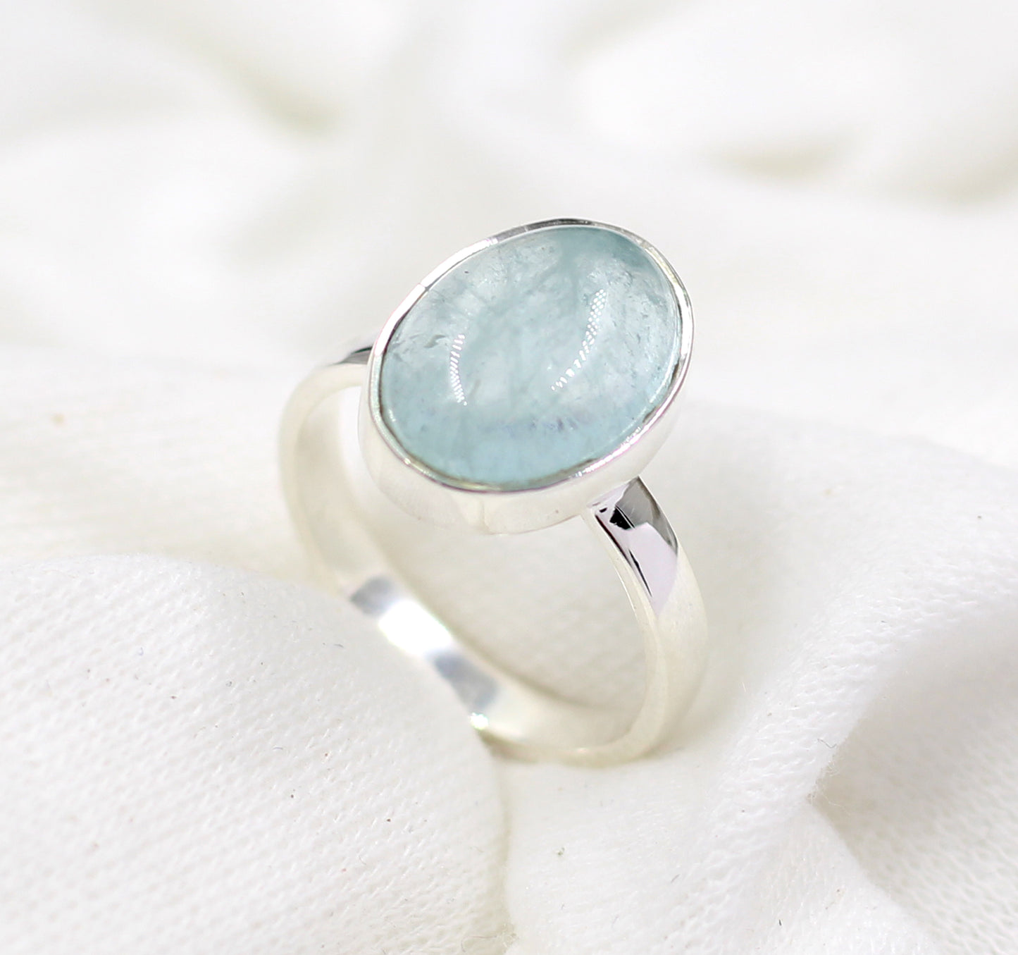 Solid 925 Sterling Silver Gemstone Jewelry,Genuine Aquamarine Cabochon Ring,Ring of Simple Beauty For Sister,Anniversary Gift,Proposal Ring