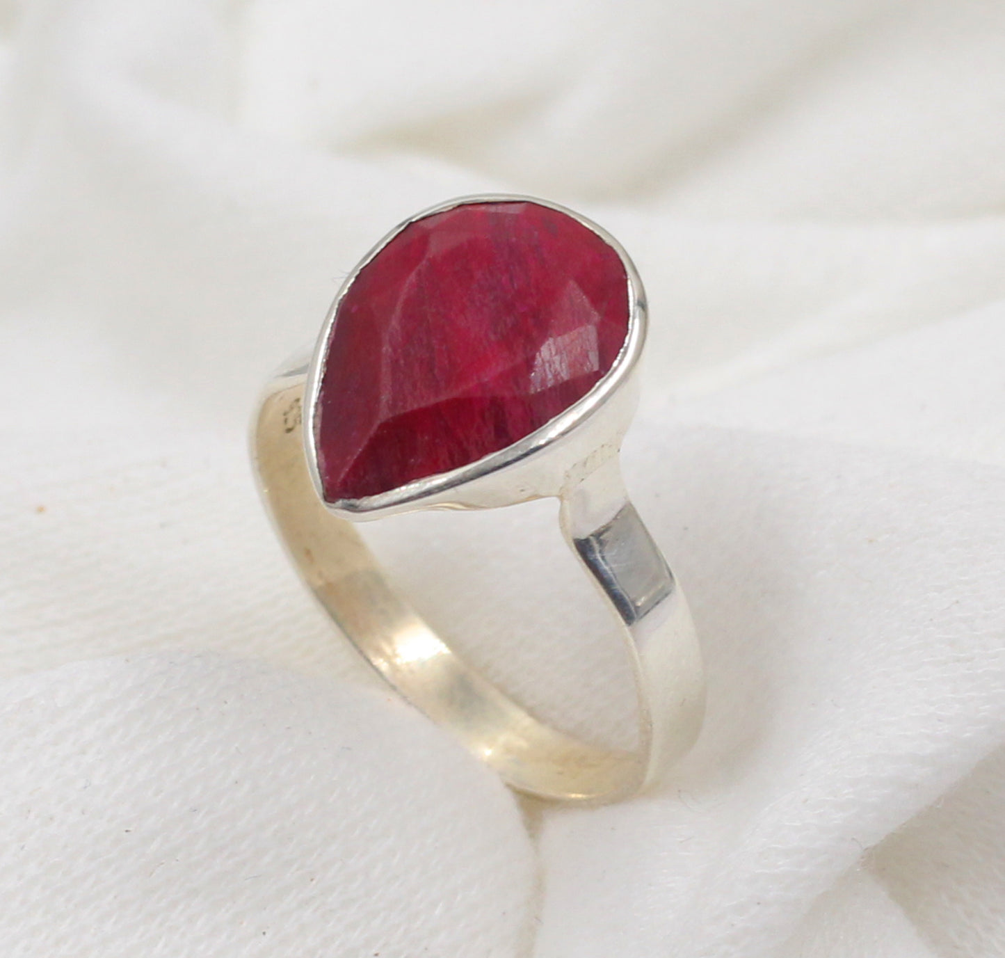 Solitaire Faceted Tear Drop Red Ruby Ring,925 Sterling Silver Handmade Women/Men Everyday Jewelry,Bride's Maid Ring,Anniversary Gift