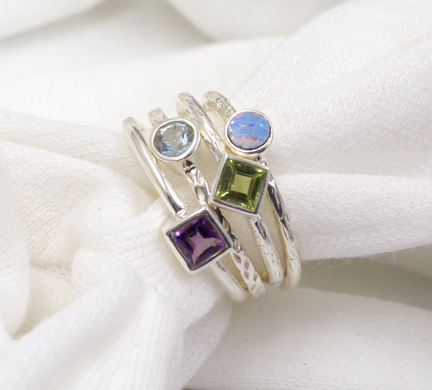 Blue Topaz,Peridot,Opal Stackable Rings,Set of Four rings,Minimalist 925 sterling silver jewelry,Anniversary Gift,Christmas Gift Ring