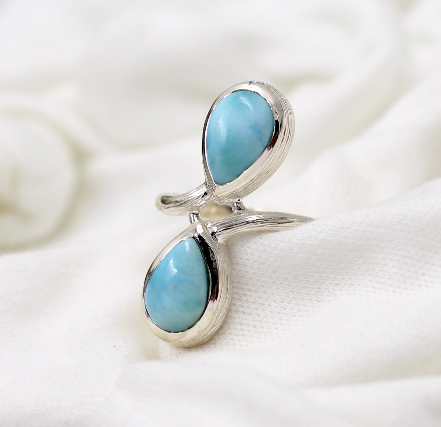Two Pear front Open Lovely Larimar Ring,Up right Statement Ring,925 sterling silver texture jewelry,Marriage Anniversary gift