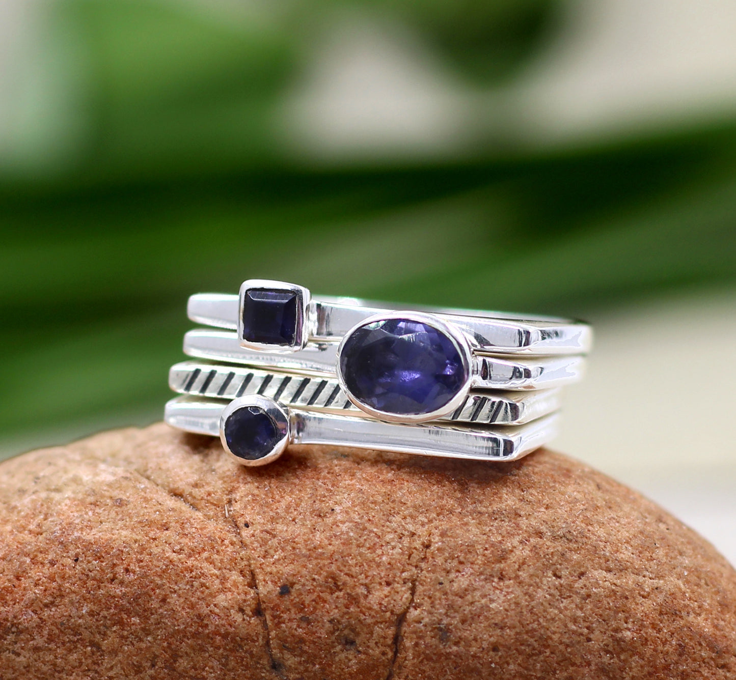 Iolite Ring set,Designer Four rings set,Birthday Gift,Gift Anniversary Ring,925 sterling Silver,Genuine Gemstone jewelry