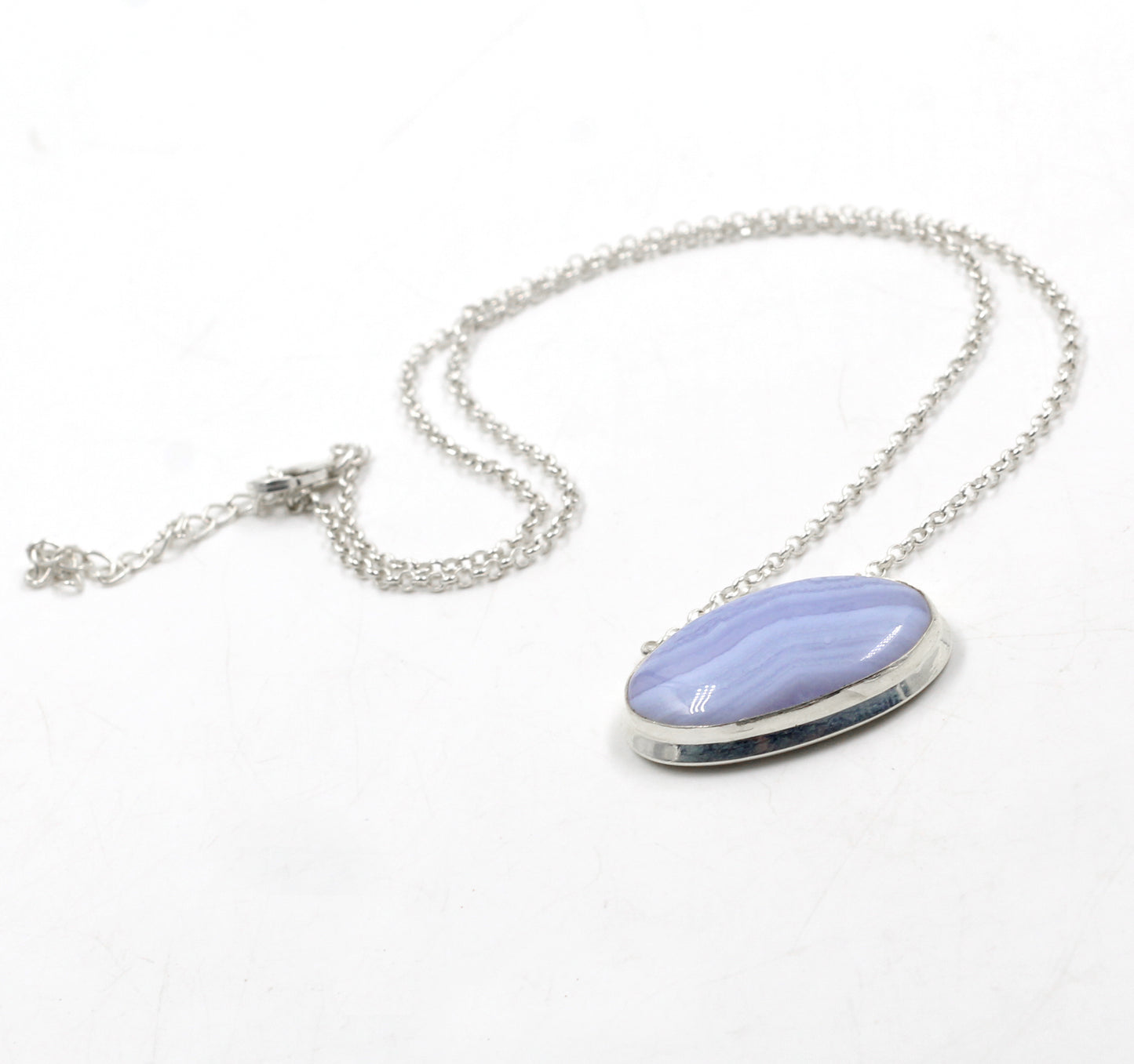 925 Silver Gemstone Jewelry,Lovely Blue Striped Lace Agate Necklace,Anniversary Gift,Chain Pendant Necklace,gift for Mom,Casual Wear Silver