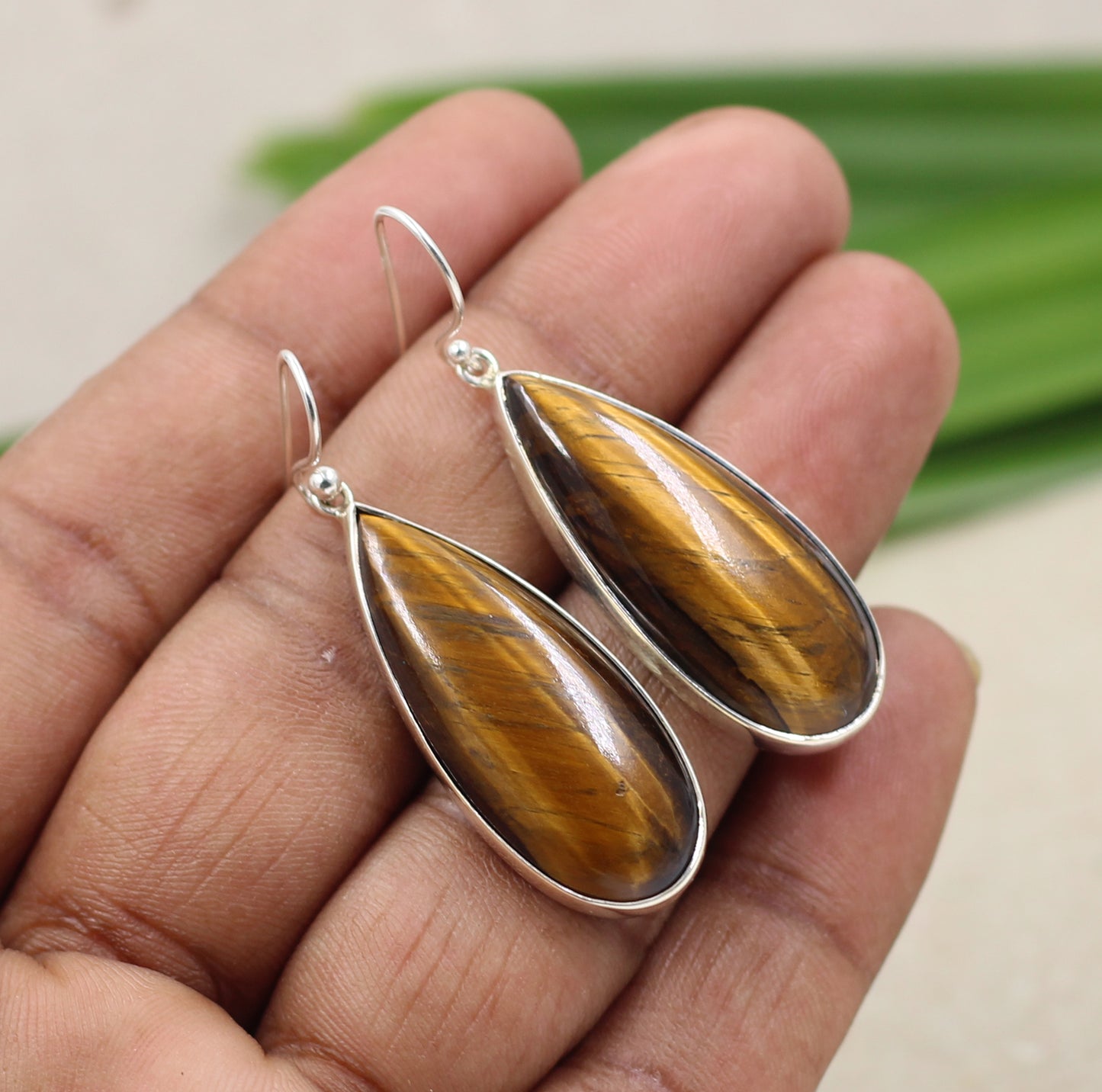 925 Sterling Silver Gemstone Jewelry,Tiger Eye long tear drop Earring,Brown Chunky Danglers,Birthday Gift,Big Gemstone Silver Dangler for Me