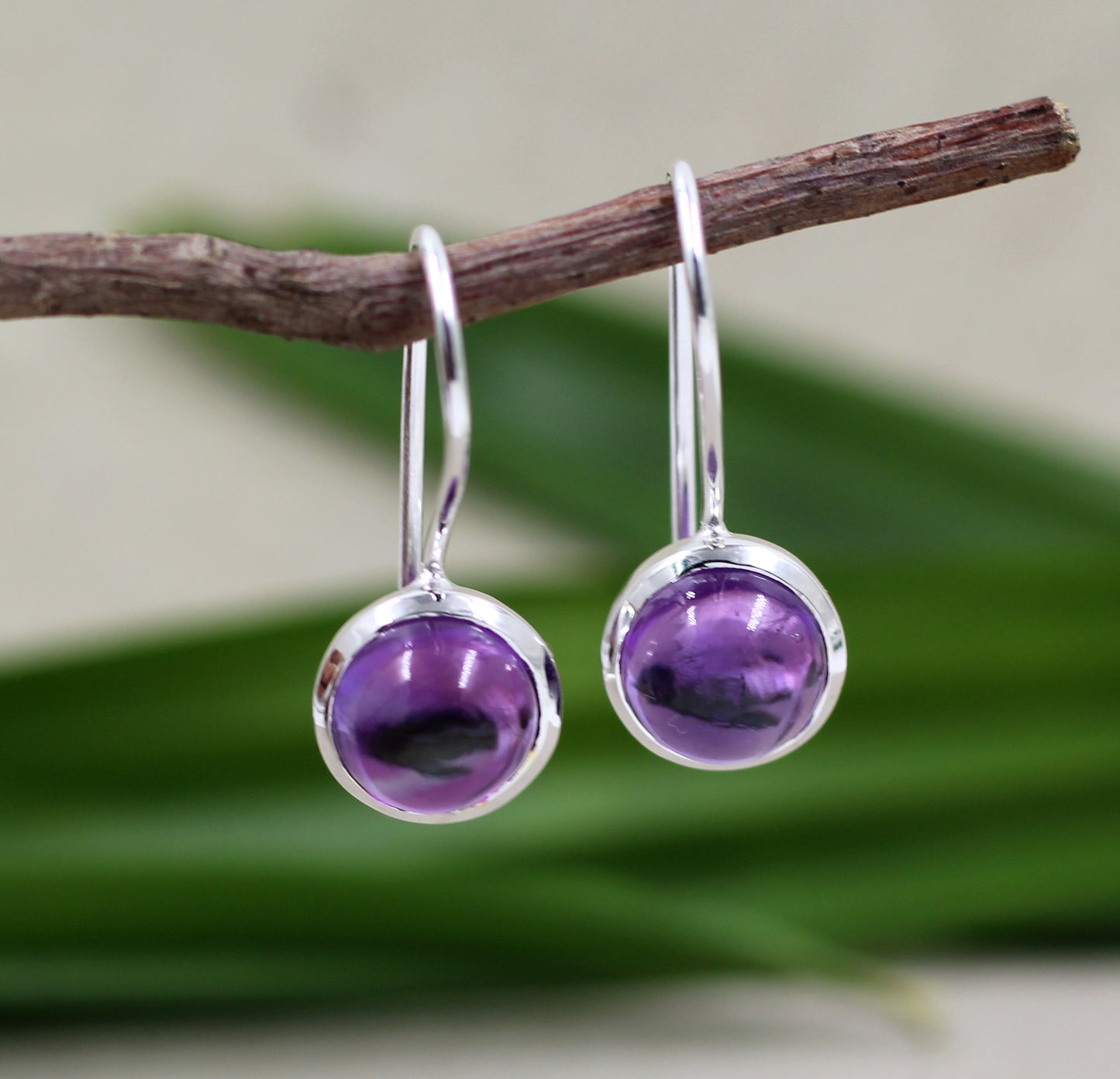 Minimalist Cabochon Gemstone Earrings,Amethyst/Crystal Quartz hangings,925 Sterling Silver,Anniversary Gift,Wedding Jewelry