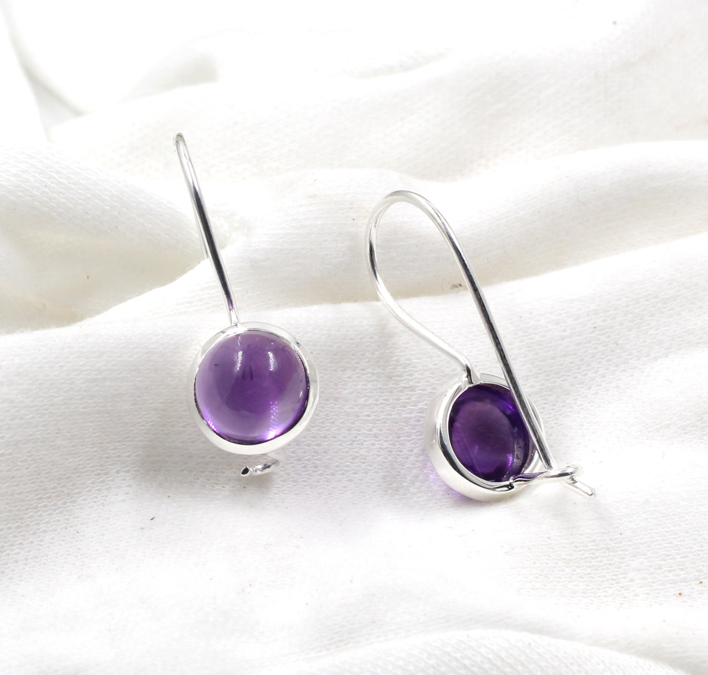 Minimalist Cabochon Gemstone Earrings,Amethyst/Crystal Quartz hangings,925 Sterling Silver,Anniversary Gift,Wedding Jewelry