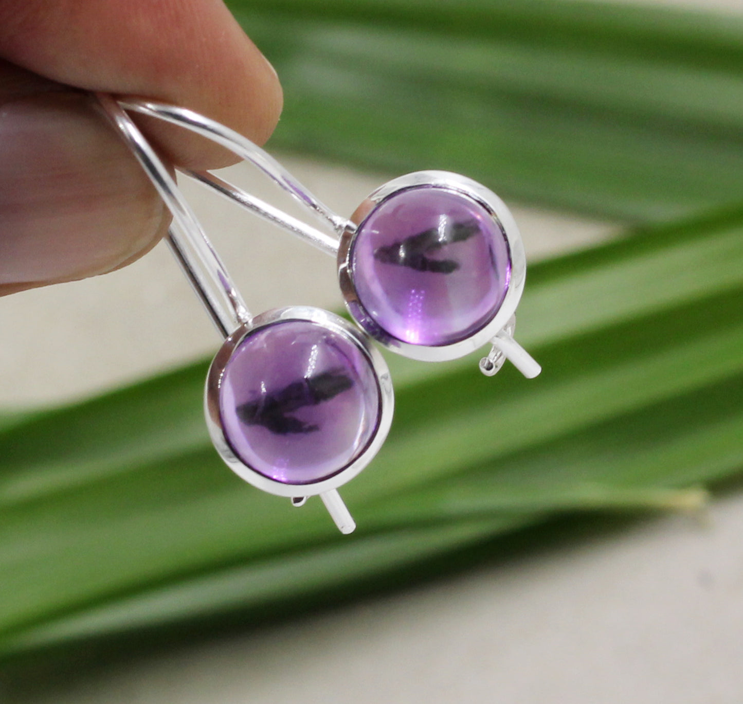 Minimalist Cabochon Gemstone Earrings,Amethyst/Crystal Quartz hangings,925 Sterling Silver,Anniversary Gift,Wedding Jewelry