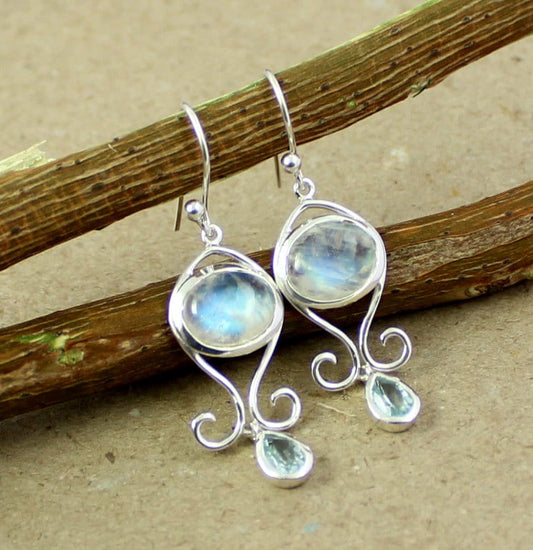 Cute Sterling Silver Dangler,Rainbow Fire Moonstone & Blue Topaz Everyday Wear Earring,Daughter's Birthday Gift,Anniversary Gift