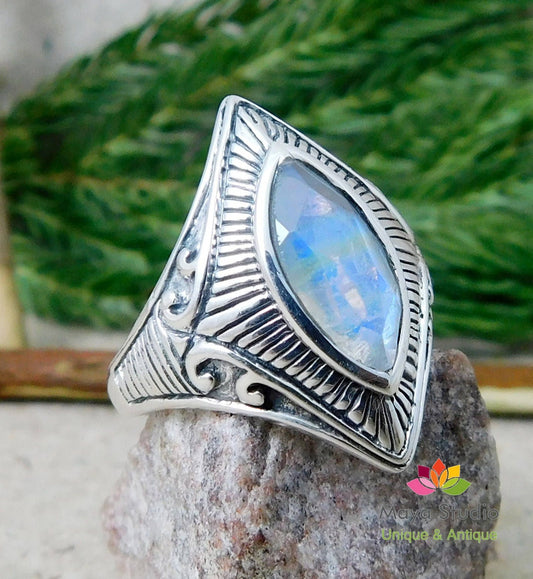 925 Sterling silver Natural genuine gemstone Moonstone Ring Anniversary birthday engagement designer silver carving gift jewellery