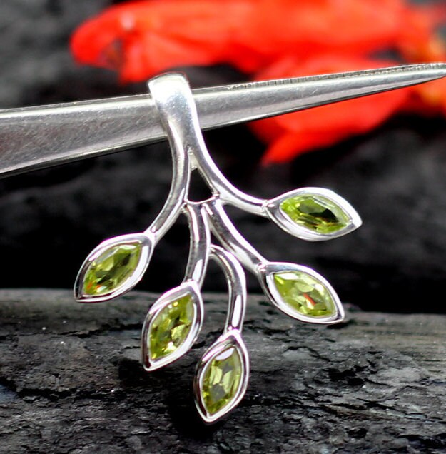 Nature inspired Leaf Pendant,Sterling 925 Silver Gemstone Pendant,Natural,Genuine Blue Topaz/Garnet/ Peridot,Amethyst,Anniversary Gift,