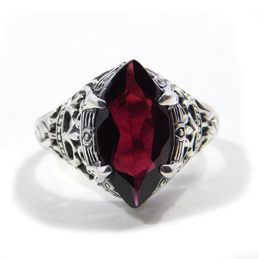 Red Garnet Ring,Filigree,oxidized Silver Ring,Solid 925 Sterling Silver Jewelry,Solitaire Engagement Ring,Anniversary Gift