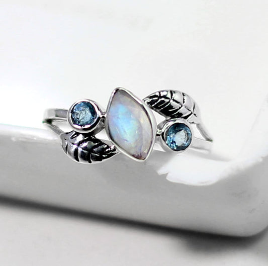Charming Dainty Moonstone blue topaz ring,gift for daughter's birthday,Solid sterling 925 silver jewelry,Anniversary Ring,Midi Ring for Sis