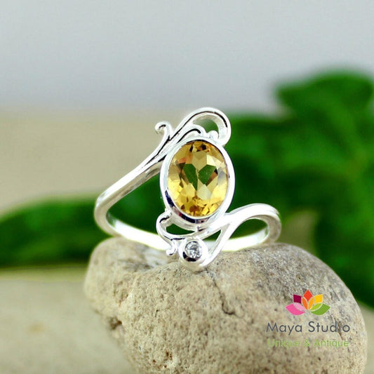Natural Citrine Silver Solitaire Ring,Promise Ring for Girls,925 Sterling Silver women's jewelry,Engagement Ring,daughter's Birthday Gift