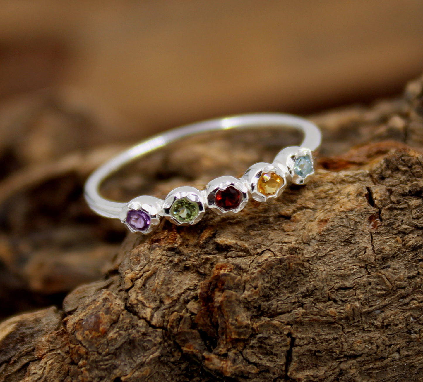 Midi Ring,Dainty Half Eternity Ring,3 mm 5 genuine gemstones Ring,925 Silver Jewelry,Birthday Gift for daughter,Promise Ring,Daily Wear Ring