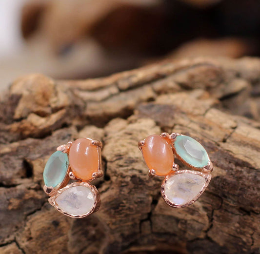 Funky Studs,Peach Moonstone & other Gemstone Earring,3 Gemstone Earring,Light Weight.,925 Sterling Silver,Gemstone Jewelry,Valentine Gift,