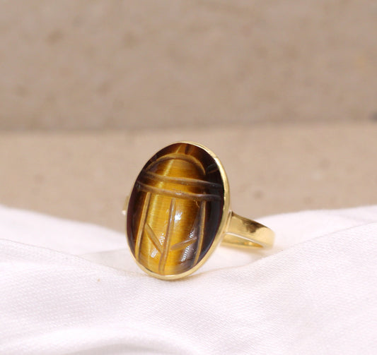 Sterling silver Tiger Eye Scarab Ring,Gold Plated 925 jewelry,Unisex Ring,Christmas Gift for Aunt/Grandmother,Birthday Gift Present
