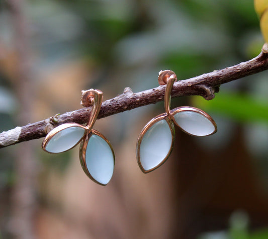 Solid 925 Sterling Silver Jewelry,Genuine Aqua Chalcedony Stud Earring,Leaf Stud Earring,Lovely Chalcedony Stud Earring,Small Stud Earring